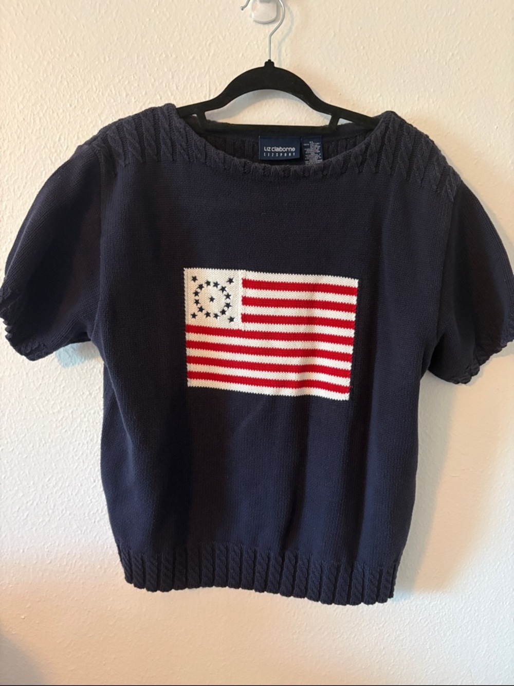 Liz Claiborne Navy Short-Sleeve Sweater with Red & White Flag Motif